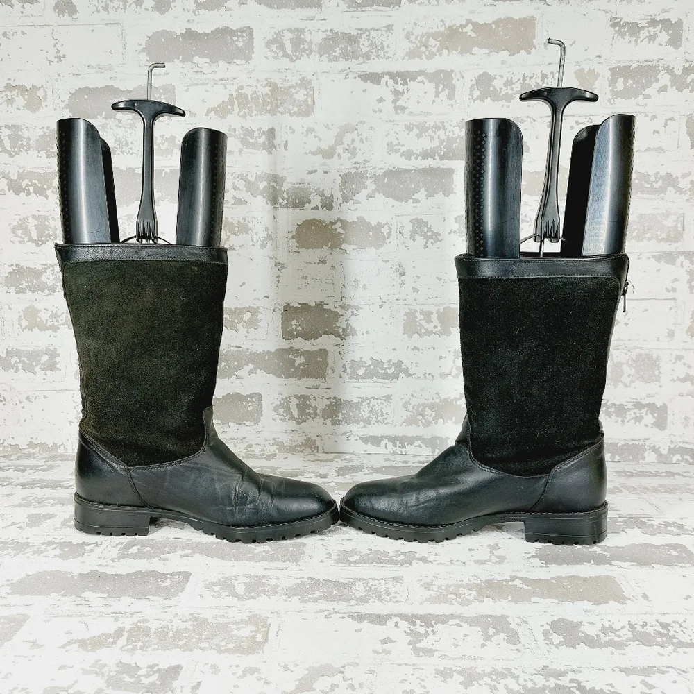Regence Canada Black Leather And Suede Back Zipper Mid-Calf Boots T695